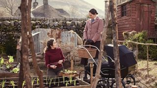 Rachel Shenton as Helen tends to a vegetable patch as Anna Madeley as Mrs Hall looks on in All Creatures Great and Small