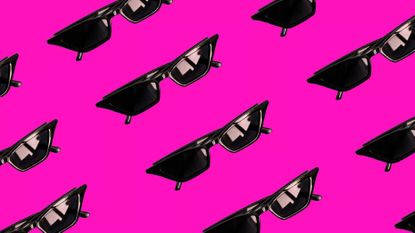 Vibrant pattern of black retro style sunglasses over hot pink background