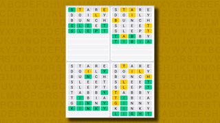 Quordle Daily Sequence answers for game 834 on a yellow background