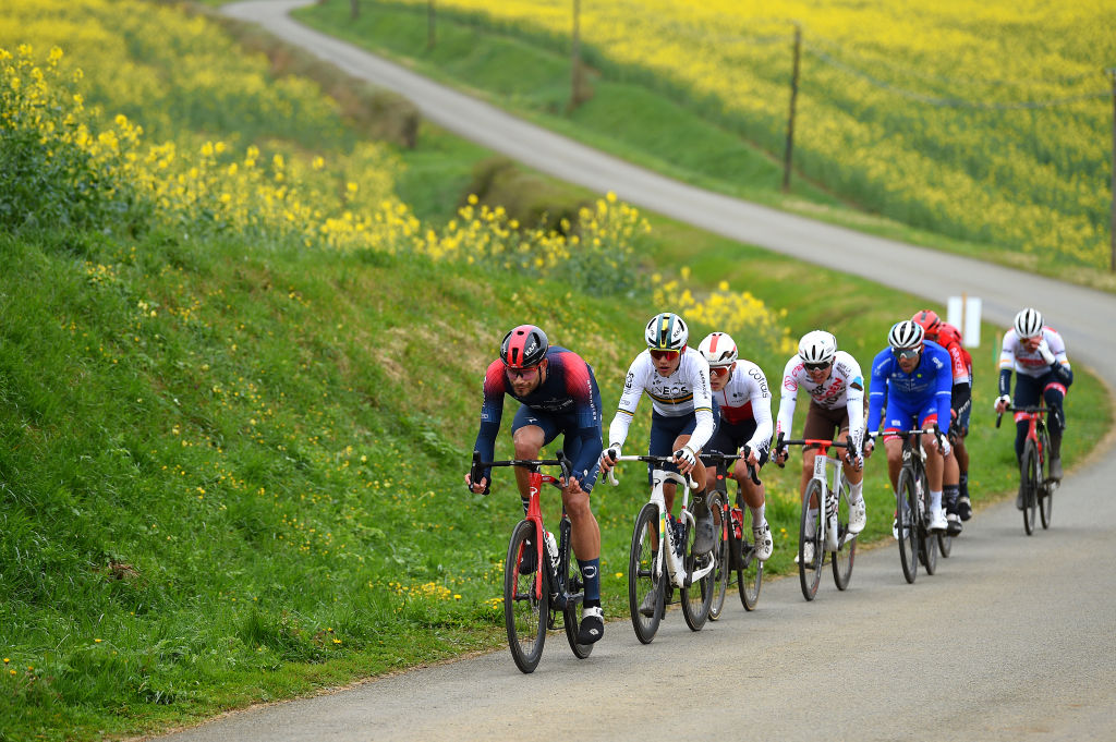 MAMERS FRANCE APRIL 05 Filippo Ganna of Italy and Luke Plapp of Australia and Team INEOS Grenadiers lead the attack during the 68th Circuit Cycliste Sarthe Pays de la Loire 2022 Stage 1 a 1923km stage from Mamers to Mamers CircuitSarthe on April 05 2022 in Mamers France Photo by Dario BelingheriGetty Images