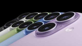The iPhone 17 camera system in a range of colors.