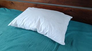 EarthKind Feather & Down Support Pillow being tested on a bed with teal sheets and a wooden headboard