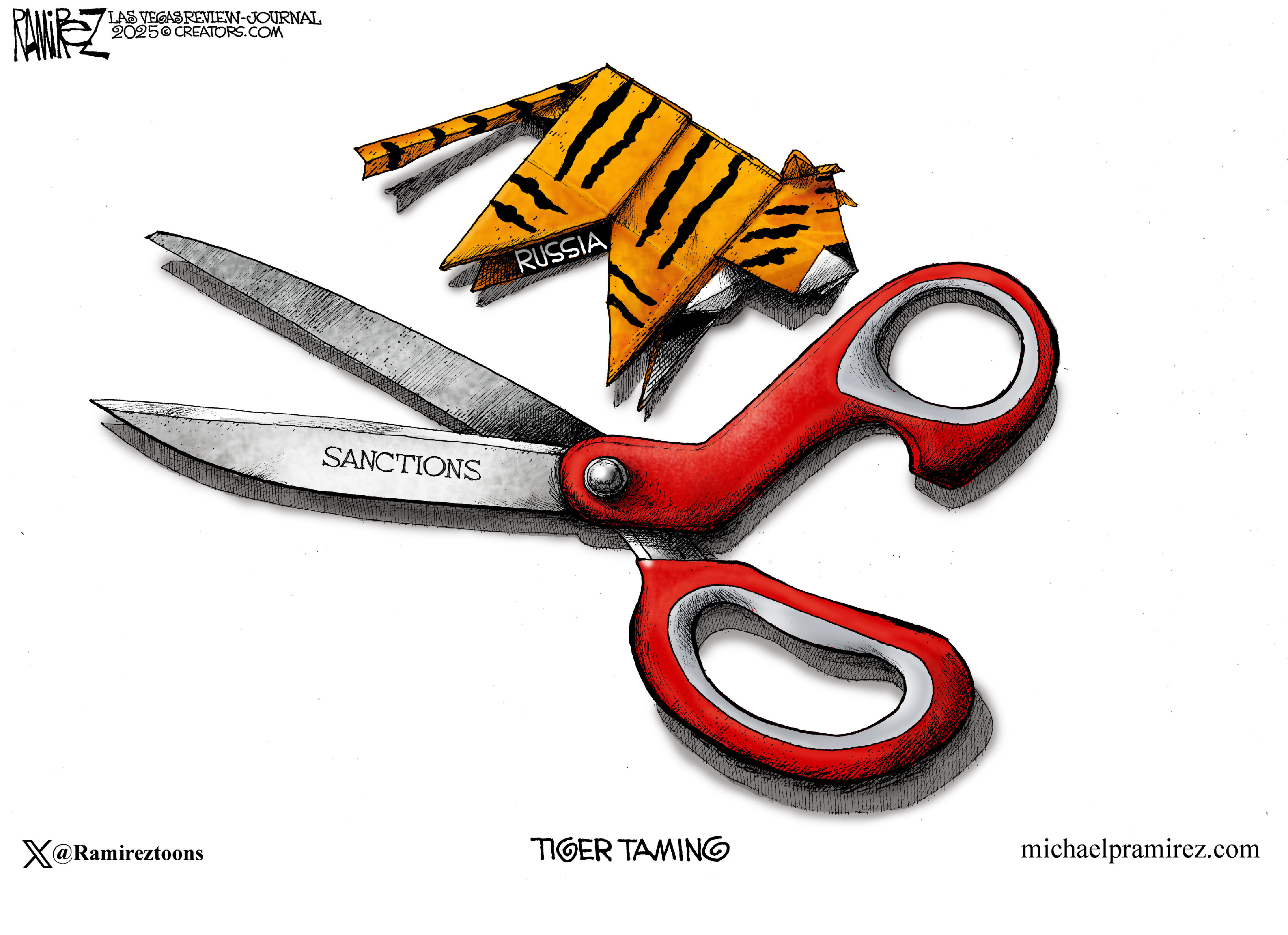 This cartoon is titled &amp;ldquo;Tiger Taming.&amp;rdquo; It depicts a pair of scissors labeled &amp;ldquo;Sanctions&amp;rdquo; and a paper tiger labeled &amp;ldquo;Russia.&amp;rdquo;