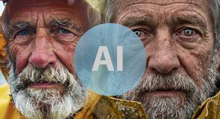 Images of a close up for a fisherman's face generated by two of the best AI image generators. Text reads 'AI'