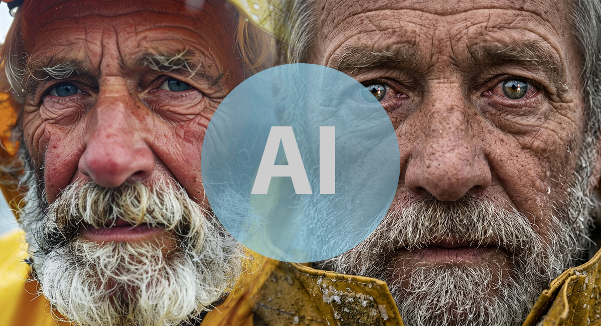 Images of a close up for a fisherman's face generated by two of the best AI image generators. Text reads 'AI'