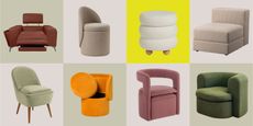 collage of armchairs with hidden storage on colorful background