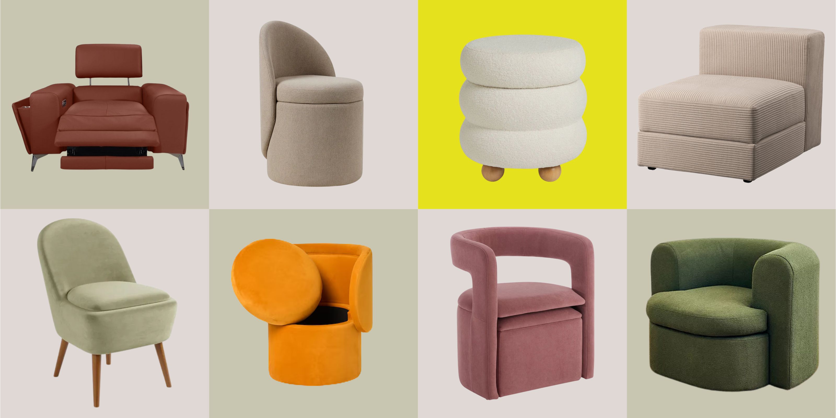 collage of armchairs with hidden storage on colorful background