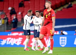 Mason Mount celebrates scoring England's winner against Belgium