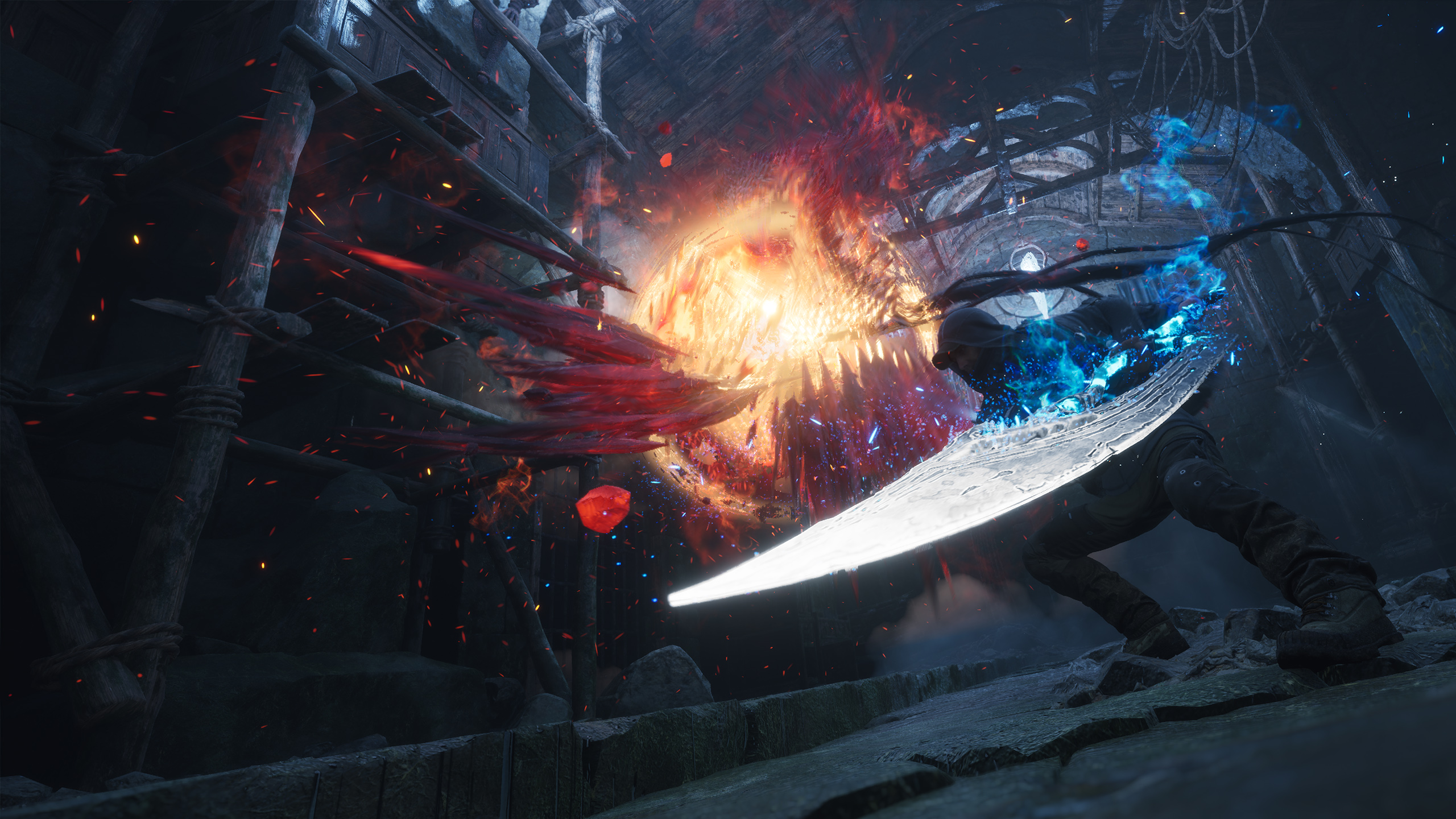 Remi fights with a curved blade in Hell is Us as a fireball attacks him