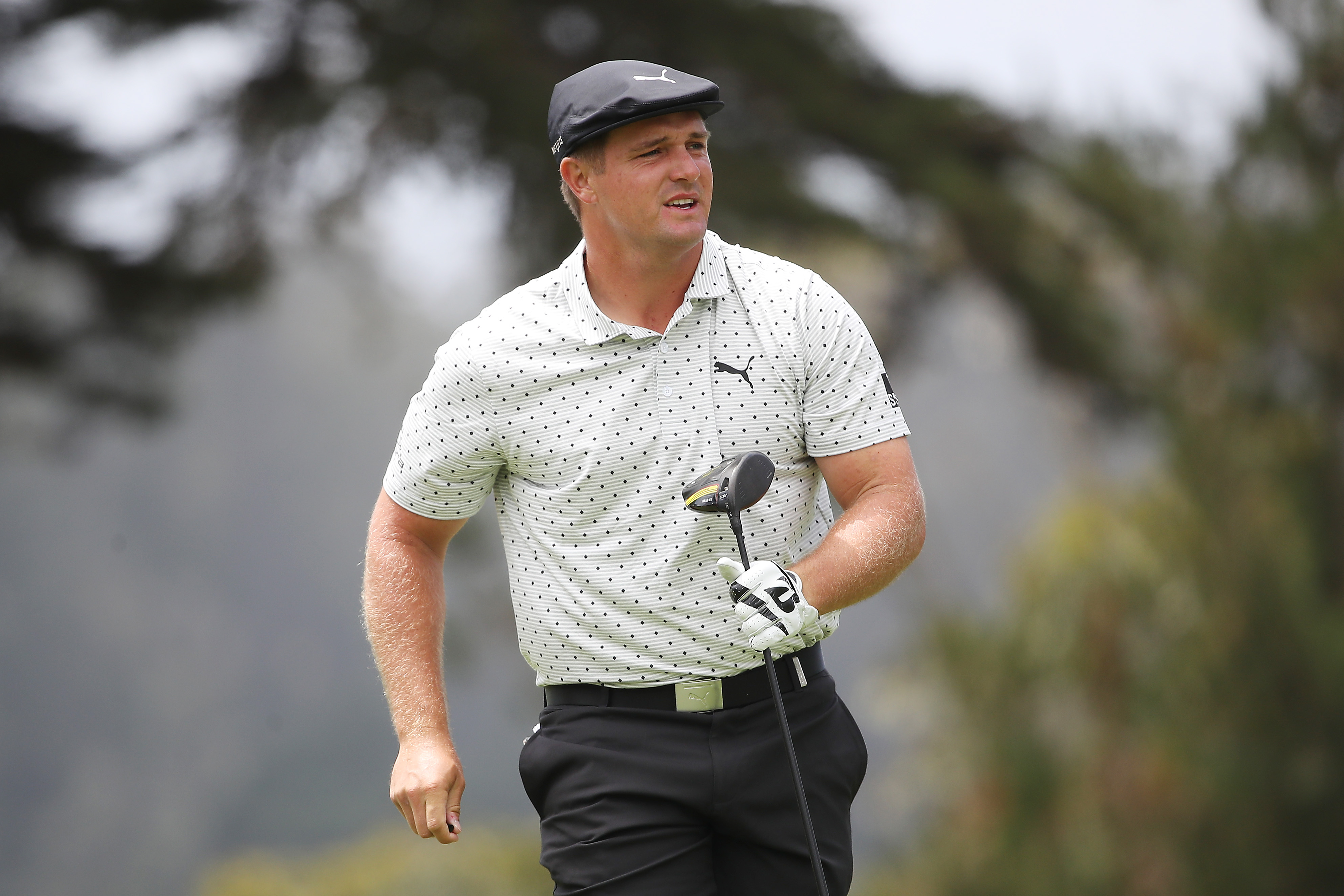 SAN FRANCISCO, CALIFORNIA - AUGUST 08: Bryson DeChambeau of the United States watches his shot from the fourth tee during the third round of the 2020 PGA Championship at TPC Harding Park on August 08, 2020 in San Francisco, California. (Photo by Sean M. Haffey/Getty Images)