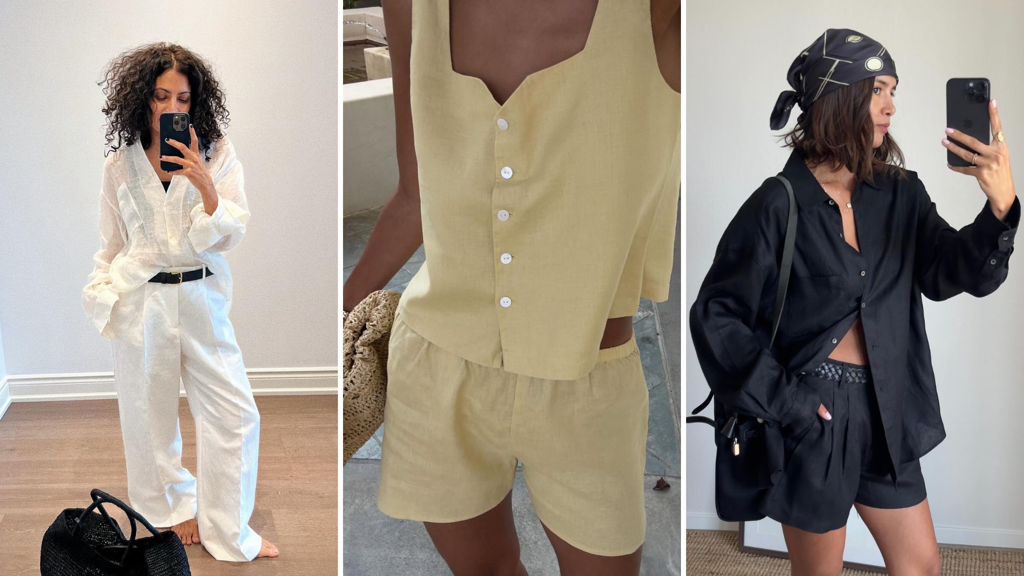 composite of three influencers wearing summery linen co-ord outfits