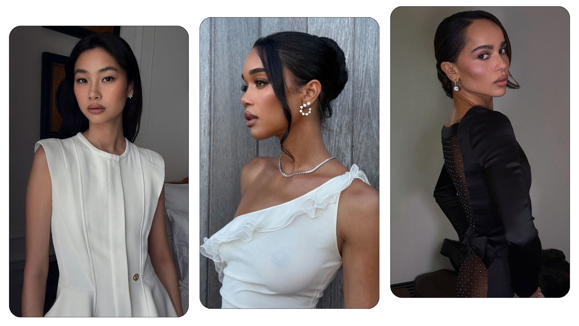 close-up shots of Jung Ho-yeon, Laura Harrier and Zo&euml; Kravitz wearing satin-finish makeup