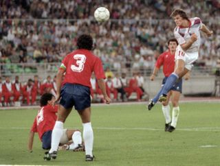 Tomáš Skuhravý scores a header for Czechoslovakia against Costa Rica at the 1990 World Cup.