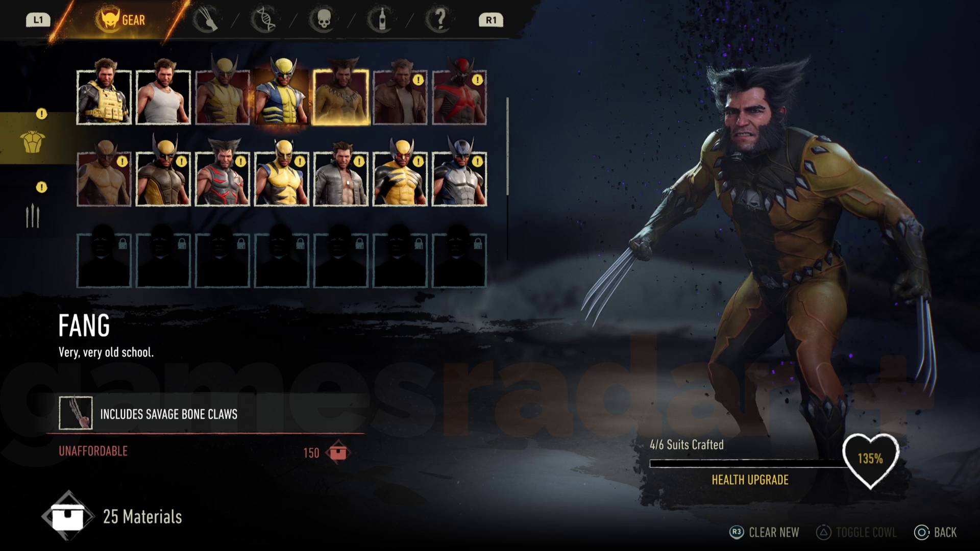 Marvel's Wolverine suits menu with recently unlocked suits and crafting cost