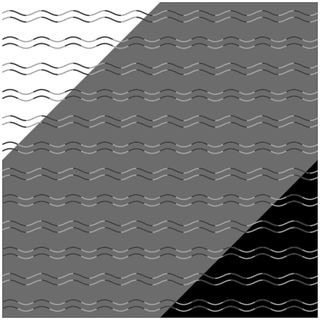 Image shows what appears to be curved and zigzagging lines of alternating black and gray running on top of three blocks of solid color, which are white, gray and black