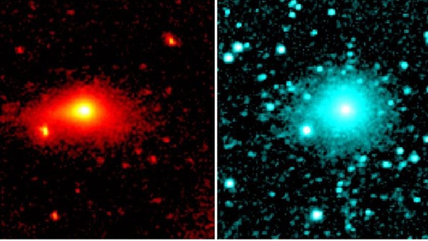Two images side by side, the one on the left shows a large glowing ball of light in red near a bunch of glowing red dots, with the image on the left being the same image but in blue