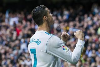 Cristiano Ronaldo celebrates a goal for Real Madrid against Sevilla in La Liga in December 2017.