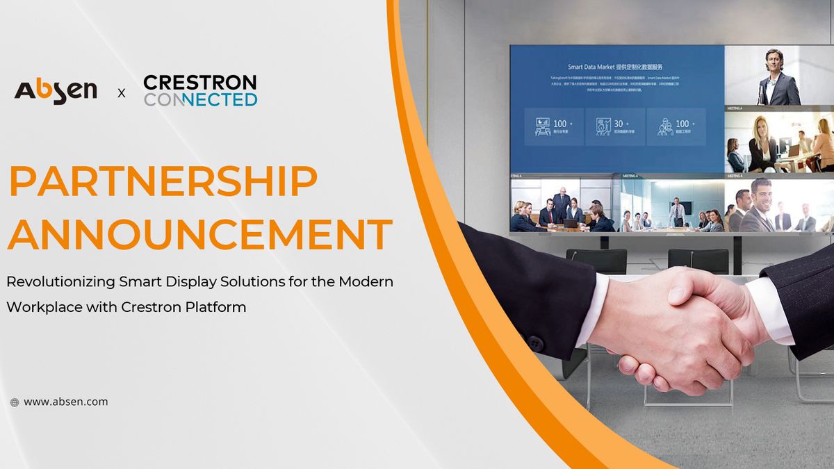 Two hands shaking as Absen and Crestron enter a partnership. 