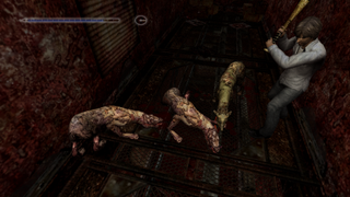 Henry fighting monstrous dogs in Silent Hill 4.