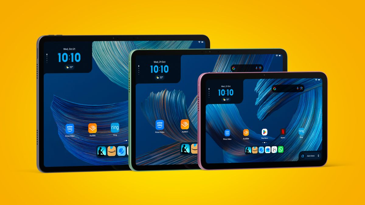 The full Amazon Alexa Tablet range on a yellow background