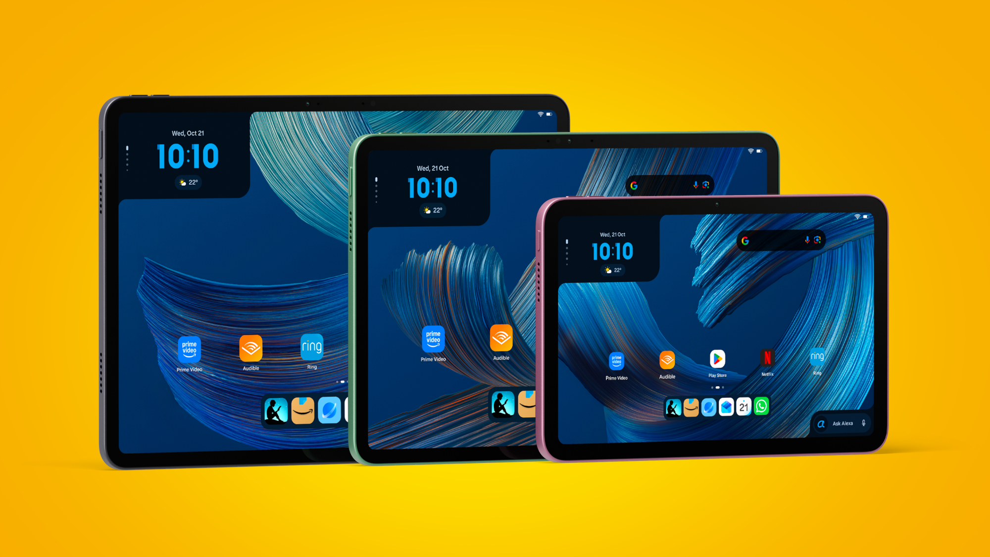 The full Amazon Alexa Tablet range on a yellow background
