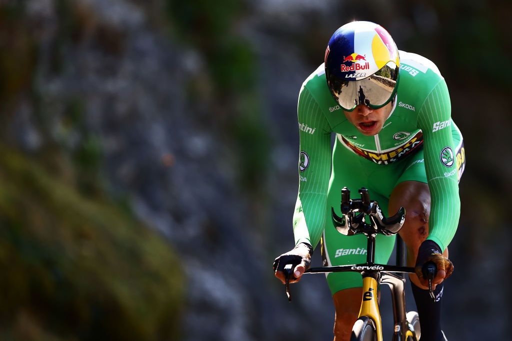 ROCAMADOUR FRANCE JULY 23 Wout Van Aert of Belgium and Team Jumbo Visma Green Points Jersey sprints during the 109th Tour de France 2022 Stage 20 a 407km individual time trial from LacapelleMarival to Rocamadour TDF2022 WorldTour on July 23 2022 in Rocamadour France Photo by Michael SteeleGetty Images