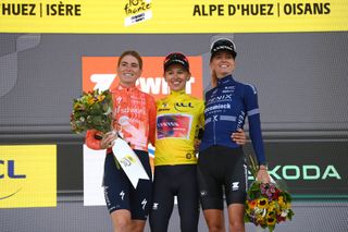 ALPE DHUEZ FRANCE AUGUST 18 LR Demi Vollering of The Netherlands and Team SD Worx Protime on second place overall race winner Katarzyna Niewiadoma of Poland and Team CanyonSRAM Racing Yellow Leader Jersey and Pauliena Rooijakkers of The Netherlands and Team FenixDeceuninck on third place pose on the podium ceremony after the 3rd Tour de France Femmes 2024 Stage 8 a 1499km stage from Le GrandBornand to Alpe dHuez 1828m UCIWWT on August 18 2024 in Alpe dHuez France Photo by Alex BroadwayGetty Images