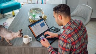 a man makes a purchase online while his sphinx cat watches