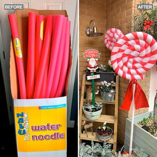 craft with candy cane and pool noodle with plants and pots