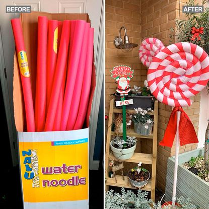 craft with candy cane and pool noodle with plants and pots