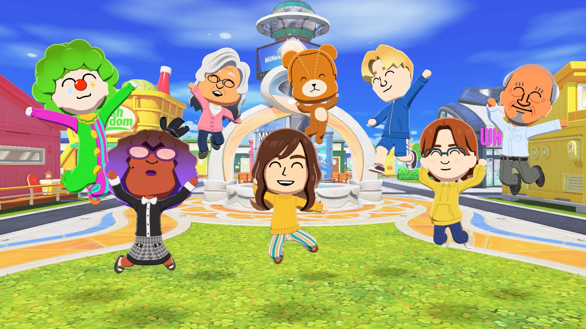 In Tomodachi Life: Living the Dream, a group of Miis jump joyfully in the air