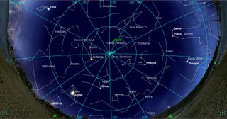 On spring evenings in the Northern Hemisphere, the Milky Way hugs the horizon, leaving the sky directly overhead free of any obscuring gas and dust — perfect for seeing the myriad other galaxies in the universe. Here, the sky is shown at midnight on April 14 (the next new moon). The location marked "NGP" (the north galactic pole) is at right angles to the plane of our galaxy. The sky near the constellation Coma Berenices and the region around it (especially Virgo, Leo and Ursa Major) contains a high concentration of observable galaxies.