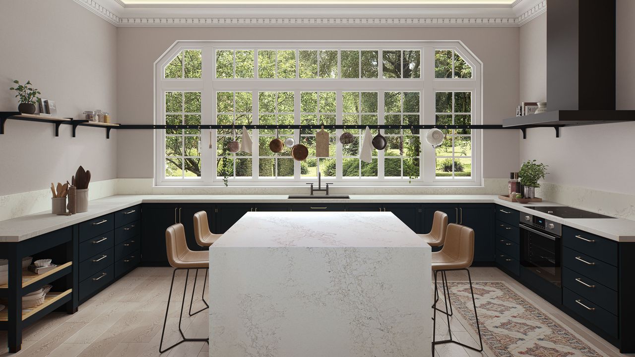 A modern traditional kitchen with quartz worktop and kitchen island