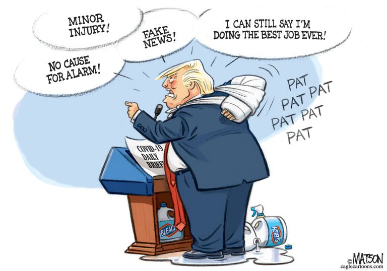 Political Cartoon U.S. Trump pat on back coronavirus response