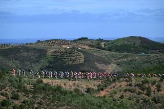TAVIRA PORTUGAL FEBRUARY 16 A general view of the peloton climbing to the Alcaria 320m during the 50th Volta ao Algarve em Bicicleta 2024 Stage 3 a 1922km stage from Vila Real de Santo Antonio to Tavira on February 16 2024 in Tavira Portugal Photo by Dario BelingheriGetty Images