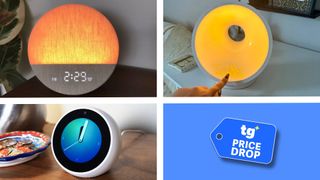 A collage of three different sunrise alarm clocks in our testers' respective bedrooms. In the bottom right foreground, there is a deals badge to signify that the clocks are on sale.