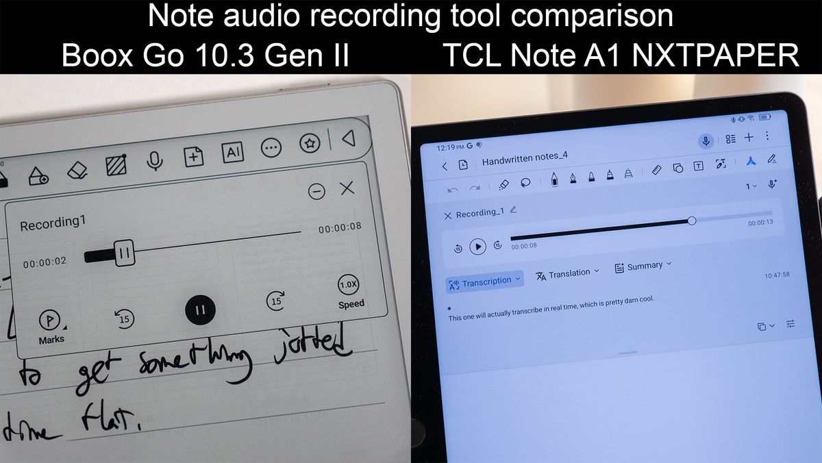 Comparing the audio recording note-taking tools between the Boox Go 10.3 Gen II and the TCL Note A1 NXTPAPER