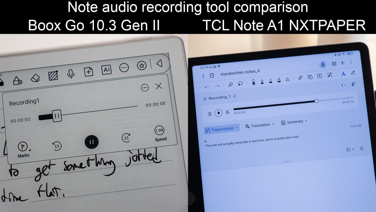 Comparing the audio recording note-taking tools between the Boox Go 10.3 Gen II and the TCL Note A1 NXTPAPER