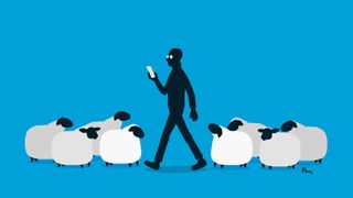 Tim Cook as the black sheep walking with a phone in hand surrounded by white sheep