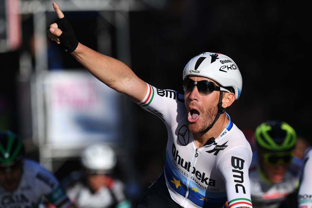 ROQUETAS DE MAR SPAIN FEBRUARY 14 Arrival Giacomo Nizzolo of Italy and Team Team Qhubeka Assos Celebration during the 34th Clsica de Almeria 2021 a 1833km race from Pueblo de Vicar to Roquetas de Mar ClasicaAlmeria21 on February 14 2021 in Roquetas de Mar Spain Photo by Tim de WaeleGetty Images