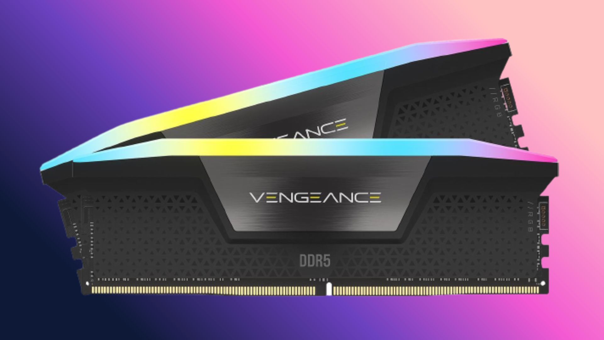 Corsair's Vengeance RGB RAM kit on a gradient colored background. 