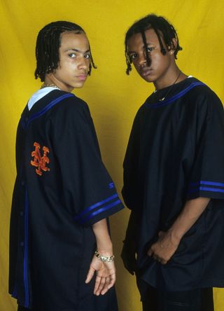 Rap group Kris Kross (aka Chris "Mac Daddy" Kelly and Chris "Daddy Mac" Smith) appears in a portrait taken on June 10, 1993 in New York City. (Photo by Al Pereira/Getty Images/Michael Ochs Archives)