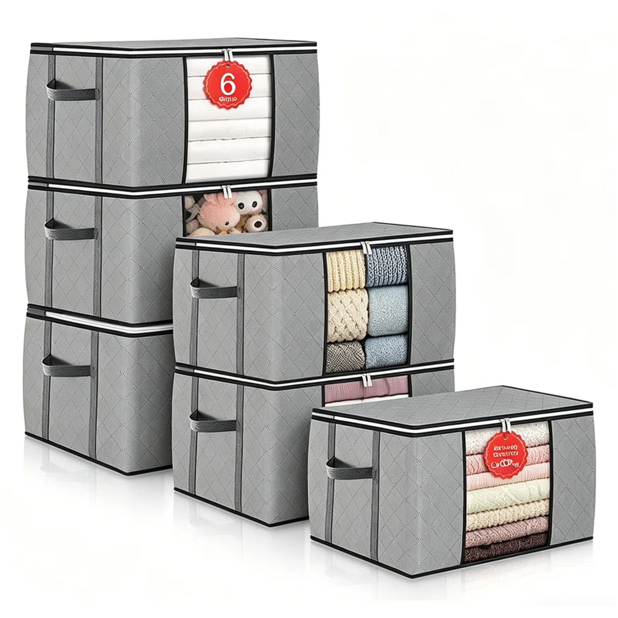Six grey filled Bedding storage bags shown stacked