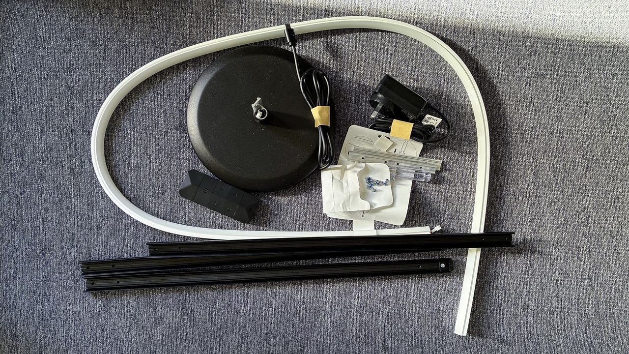 The different parts of the Nanoleaf Smart Multicolor Floor Lamp before assembly