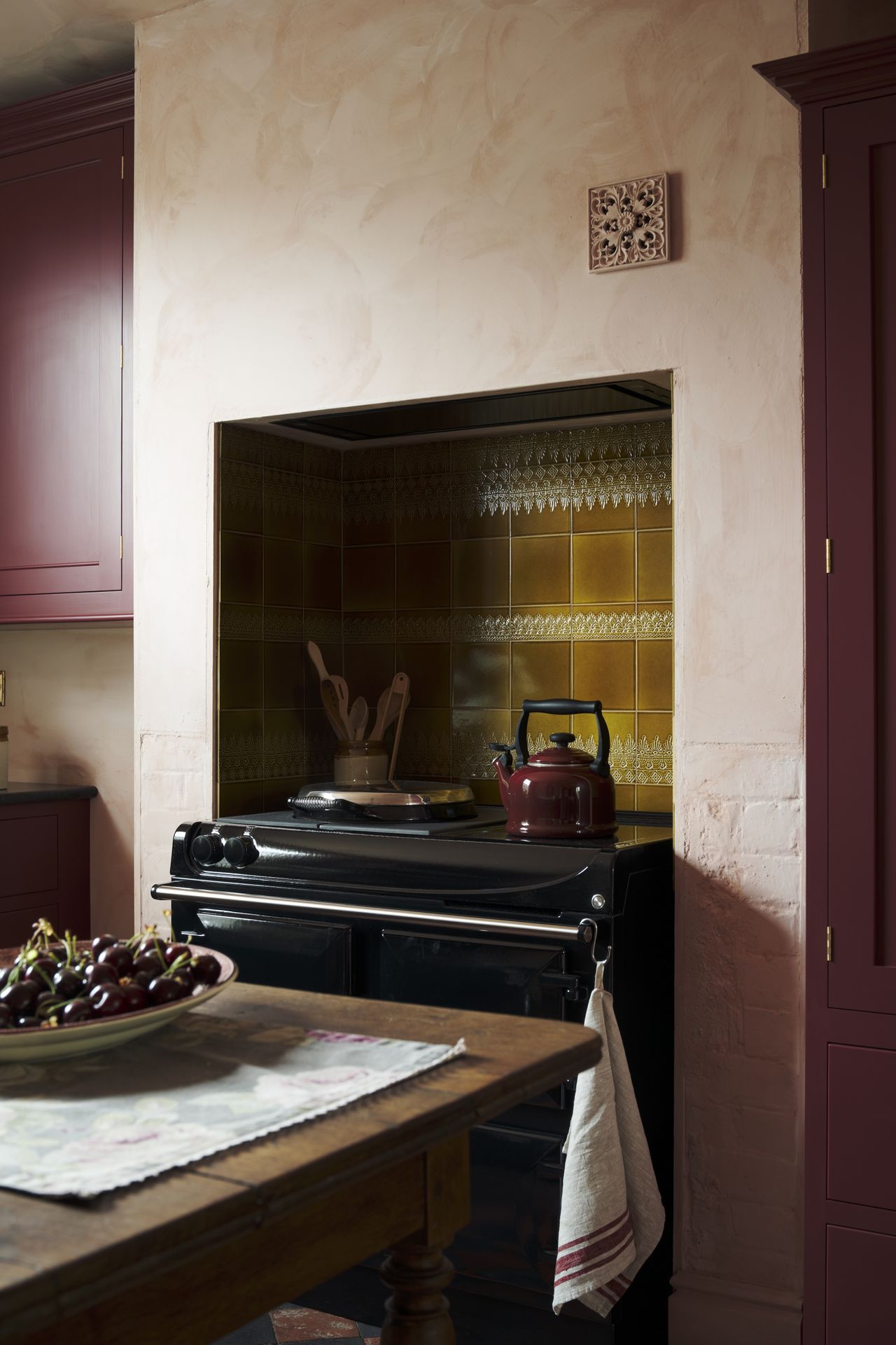 Burgundy-colour Shaker-style kitchen
