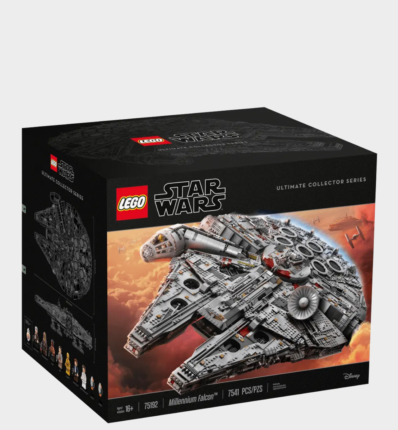 Lego UCS Millennium Falcon box on a plain background