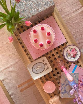 Fake cake decor on a coffee table