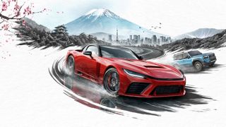 Key art for Forza Horizon 6, cropped for a header image, showing two cars racing towards us with Tokyo, Mt Fuji, and sakura leaves behind them