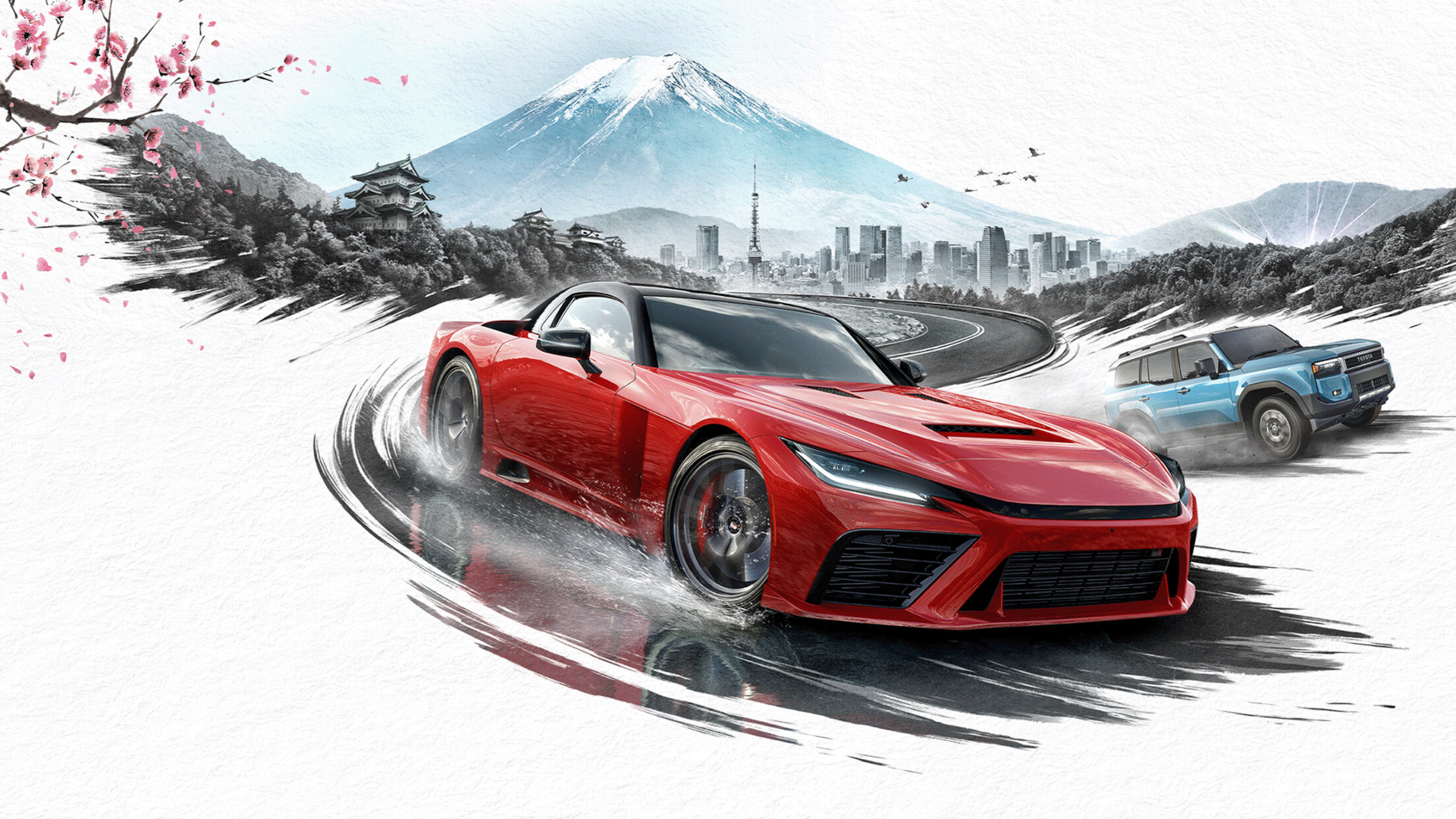 Key art for Forza Horizon 6, cropped for a header image, showing two cars racing towards us with Tokyo, Mt Fuji, and sakura leaves behind them