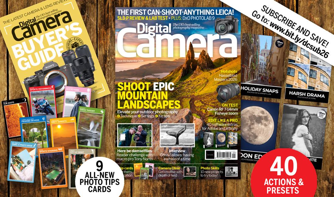 Front cover of issue 311 (September 2026) of Digital Camera magazine and images showing the included bonus gifts &amp;ndash; 9 photo tips cards, 5 image editing tutorial videos, 40 software extras and an e-book